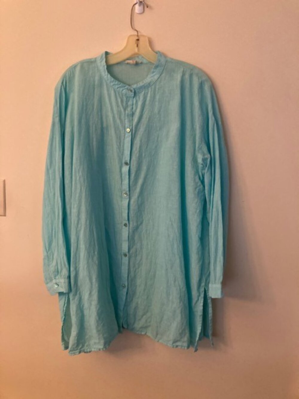 Eileen Fisher Organic Linen Long Sleeve Aqua Blouse Size XL
